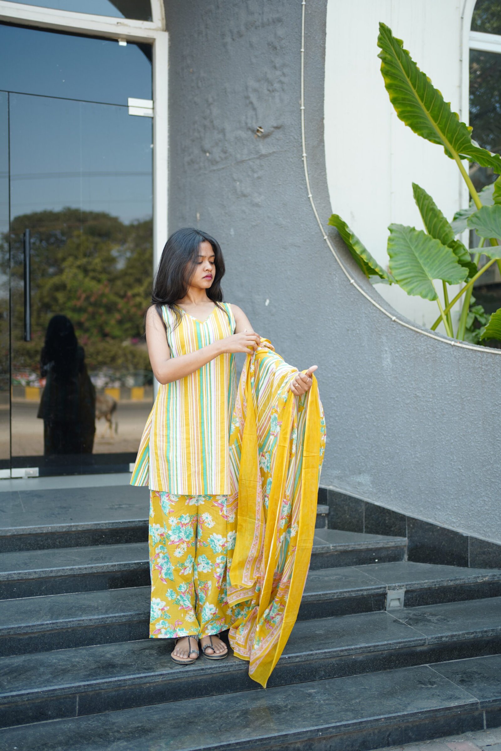 Plazzo set with dupatta (Yellow) - Image 4